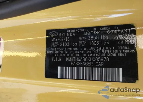 2019 Hyundai Veloster Turbo из США, поврежденный, VIN KMHTH6AB8KU005978